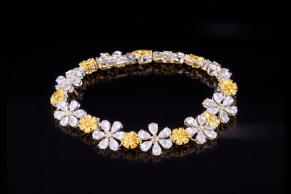 Floral Diamond Tennis Bracelet | White & Yellow Diamond Bracelet in Gold & Silver