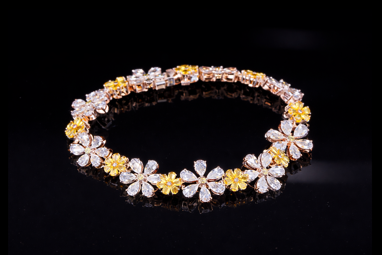 Floral Diamond Tennis Bracelet | White & Yellow Diamond Bracelet in Gold & Silver