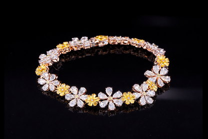 Floral Diamond Tennis Bracelet | White & Yellow Diamond Bracelet in Gold & Silver