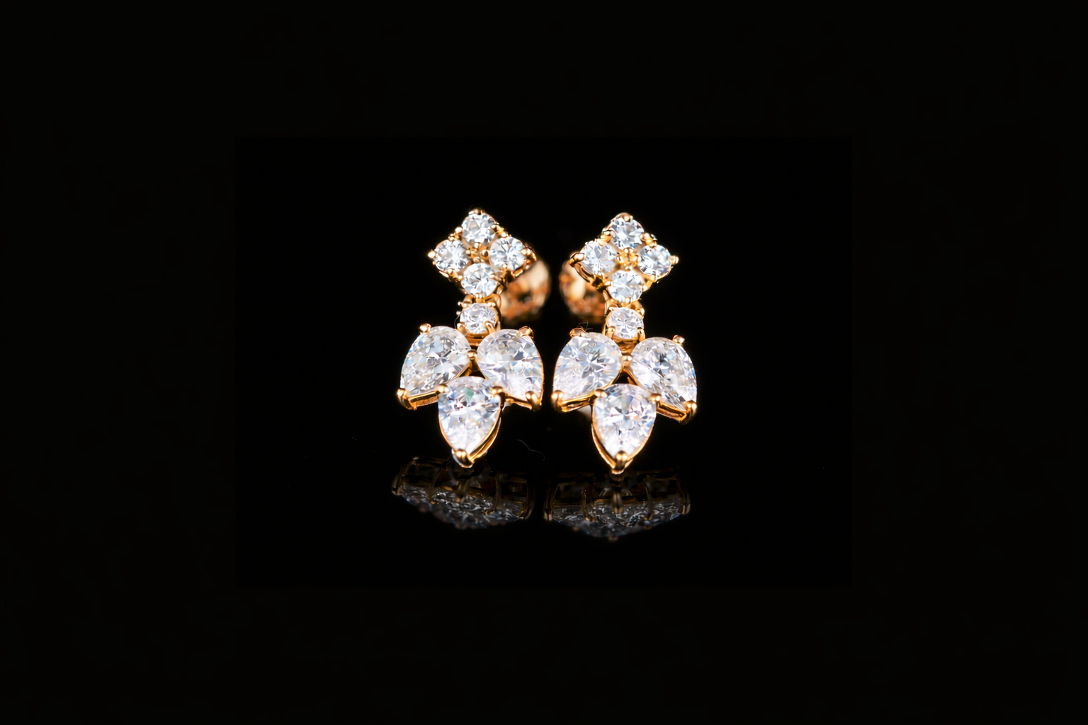 Luxury Diamond Floral Drop Stud Earrings | 18K, 14K, 10K Gold & Silver