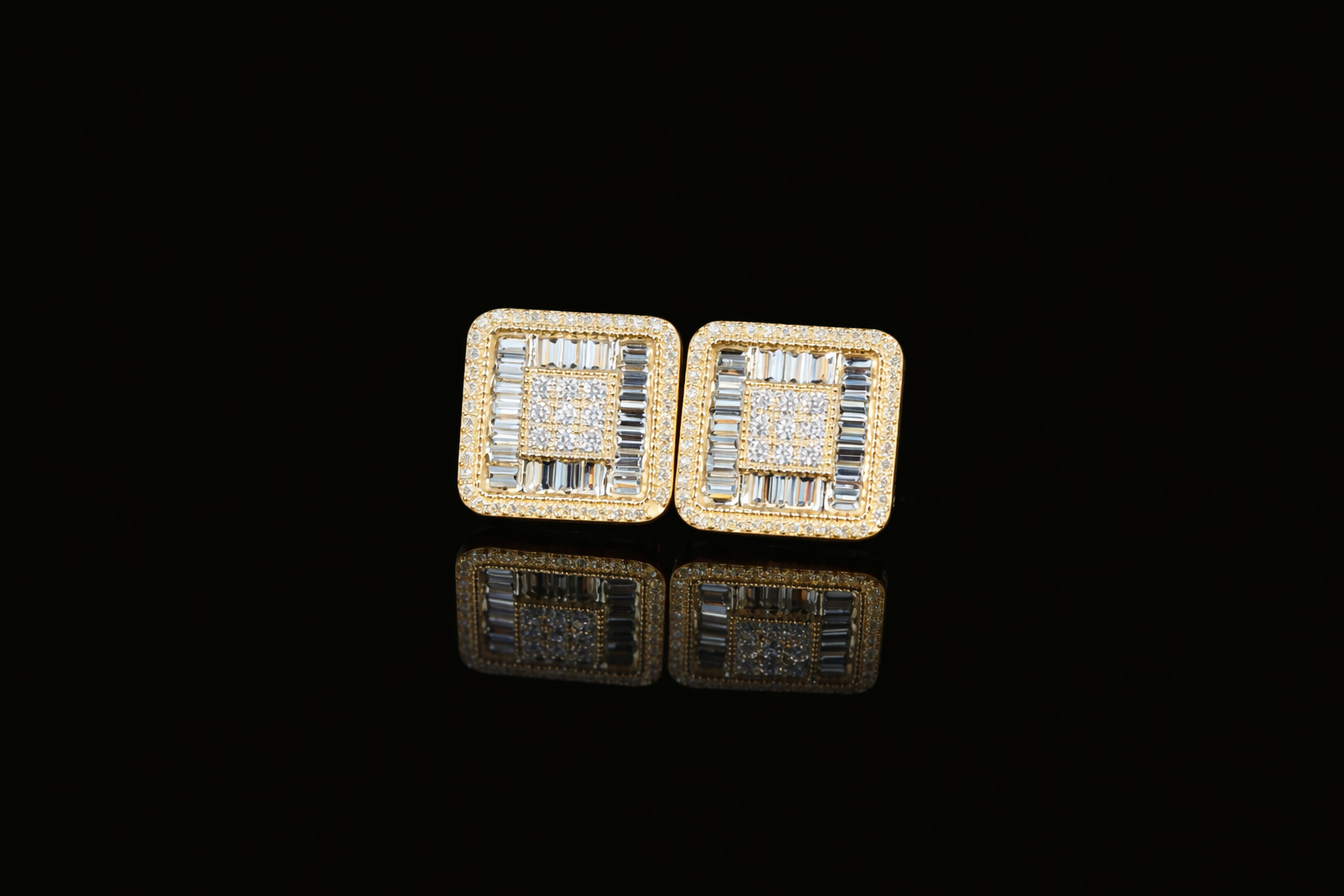 Luxury Square Baguette Diamond Stud Earrings | 18K, 14K, 10K Gold & Silver