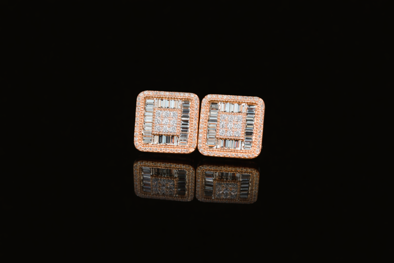 Luxury Square Baguette Diamond Stud Earrings | 18K, 14K, 10K Gold & Silver