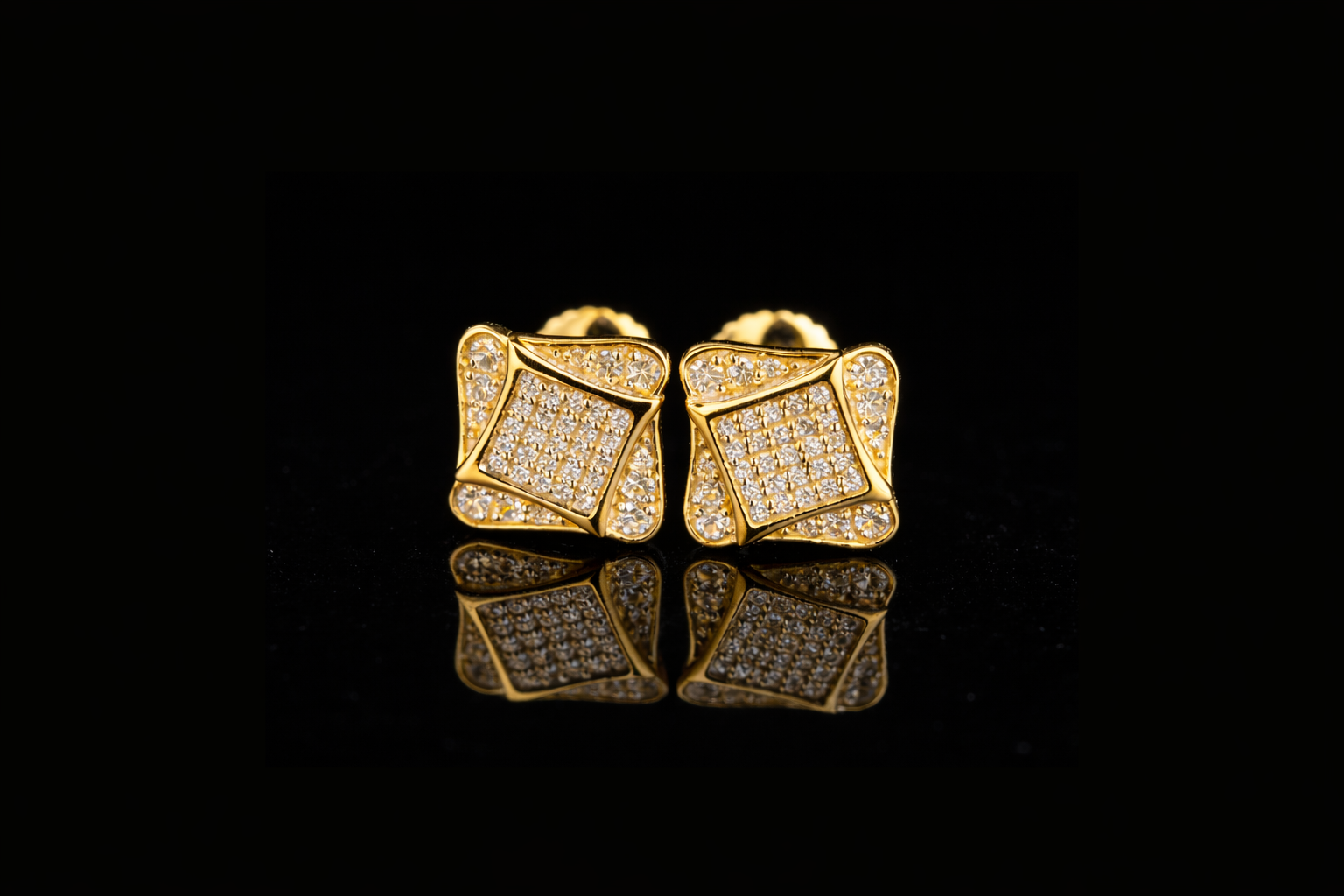 Geometric Square Pavé Diamond Stud Earrings | 18K, 14K, 10K Gold & Silver