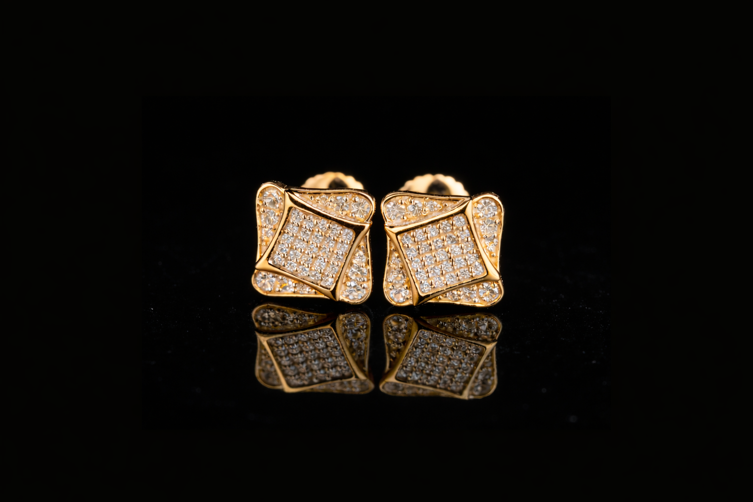 Geometric Square Pavé Diamond Stud Earrings | 18K, 14K, 10K Gold & Silver
