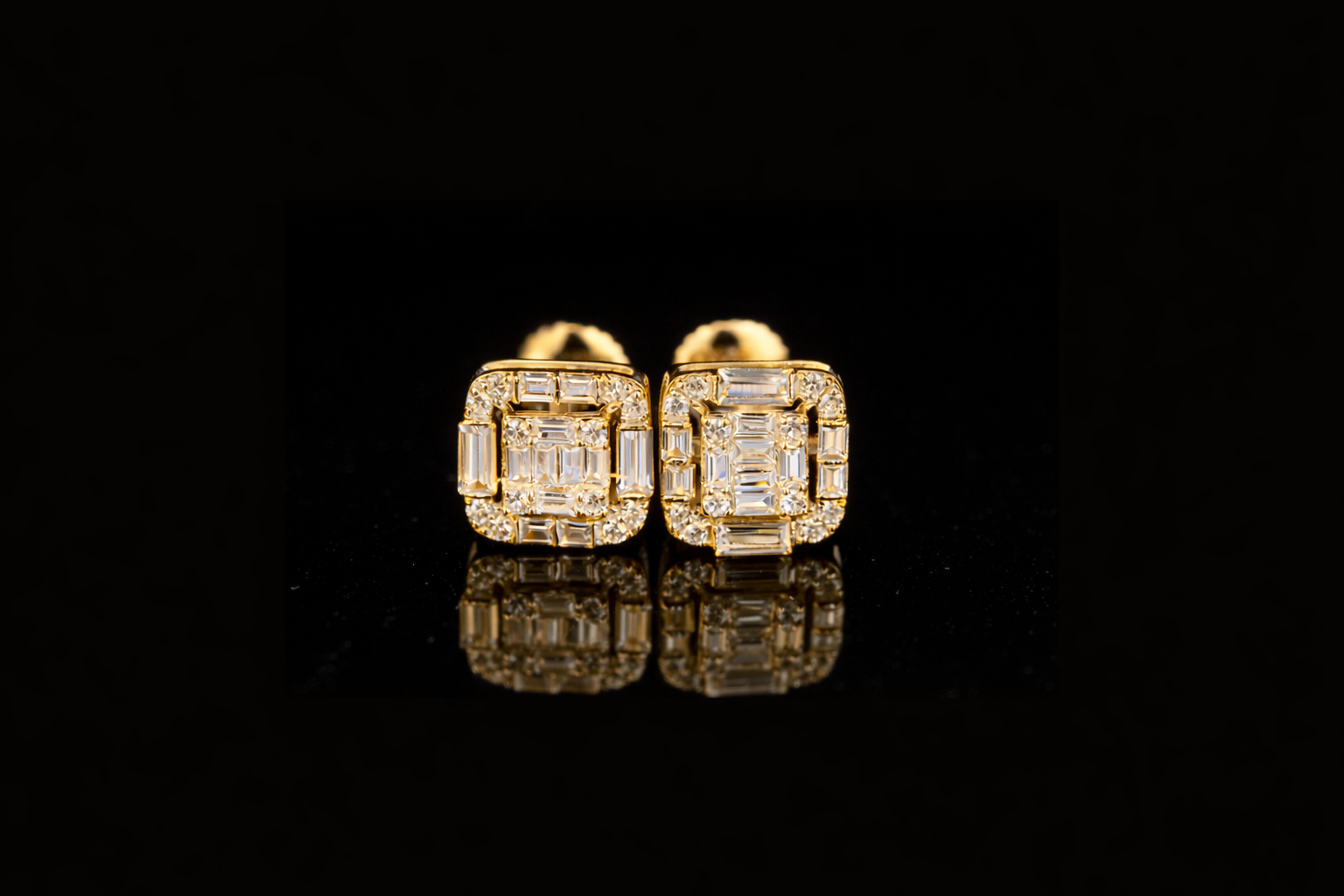 Square Baguette Diamond Stud Earrings | Luxury Gold & Silver Diamond Studs