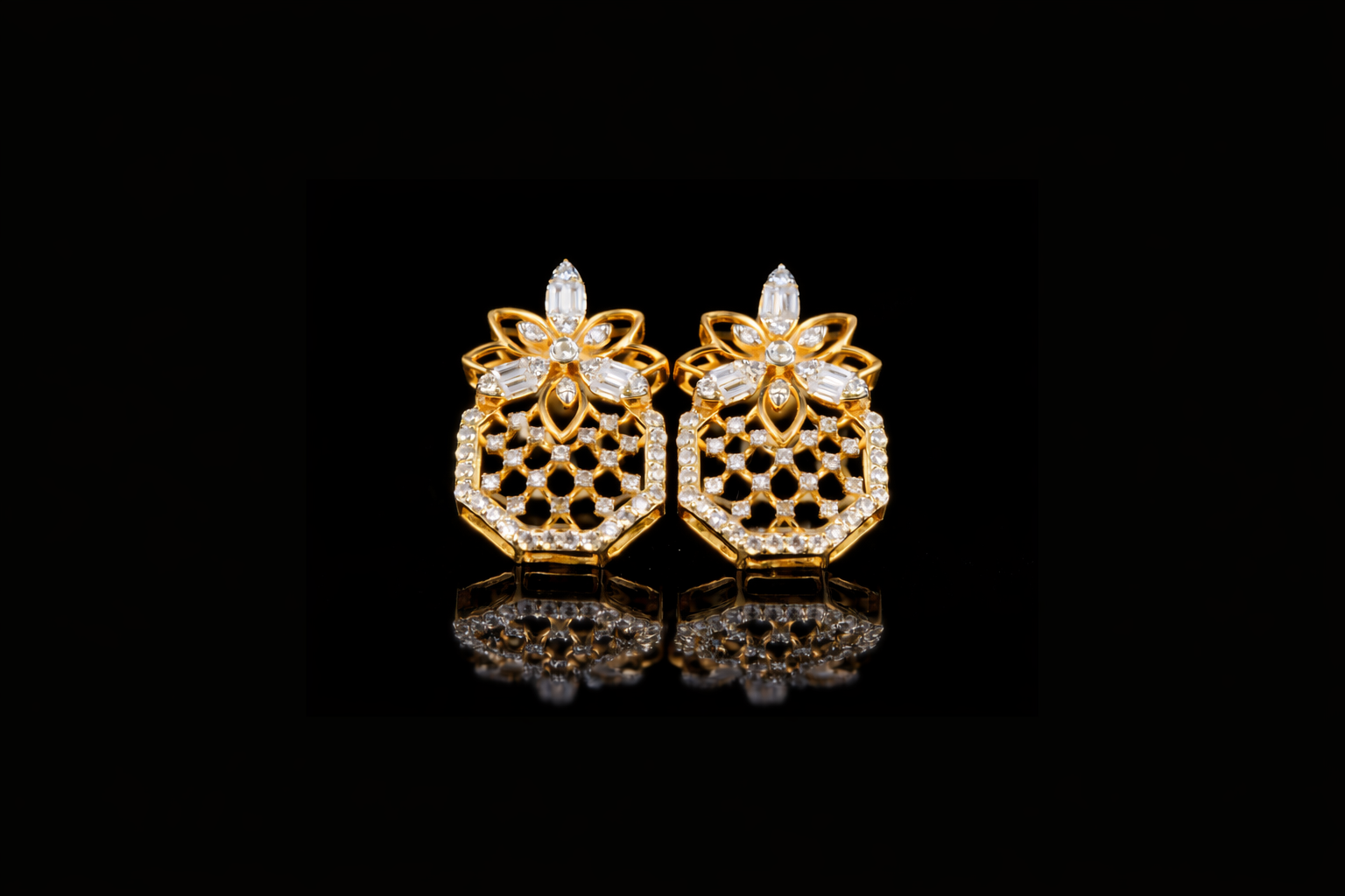 Luxury Diamond Geometric Floral Stud Earrings | 18K, 14K, 10K Gold & Silver