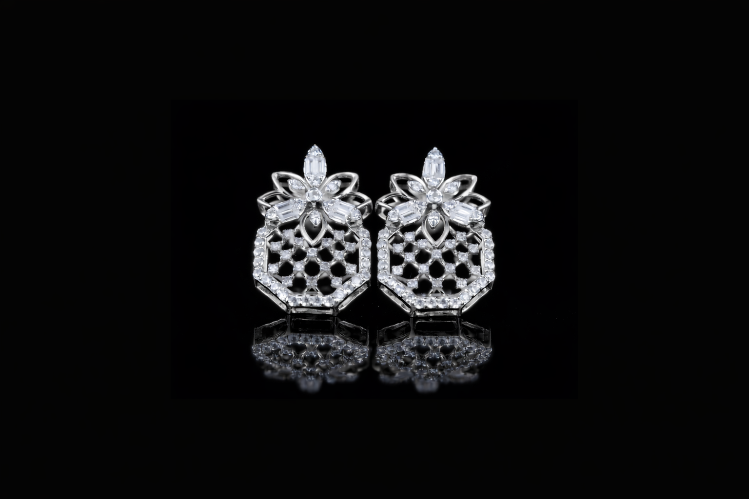 Luxury Diamond Geometric Floral Stud Earrings | 18K, 14K, 10K Gold & Silver