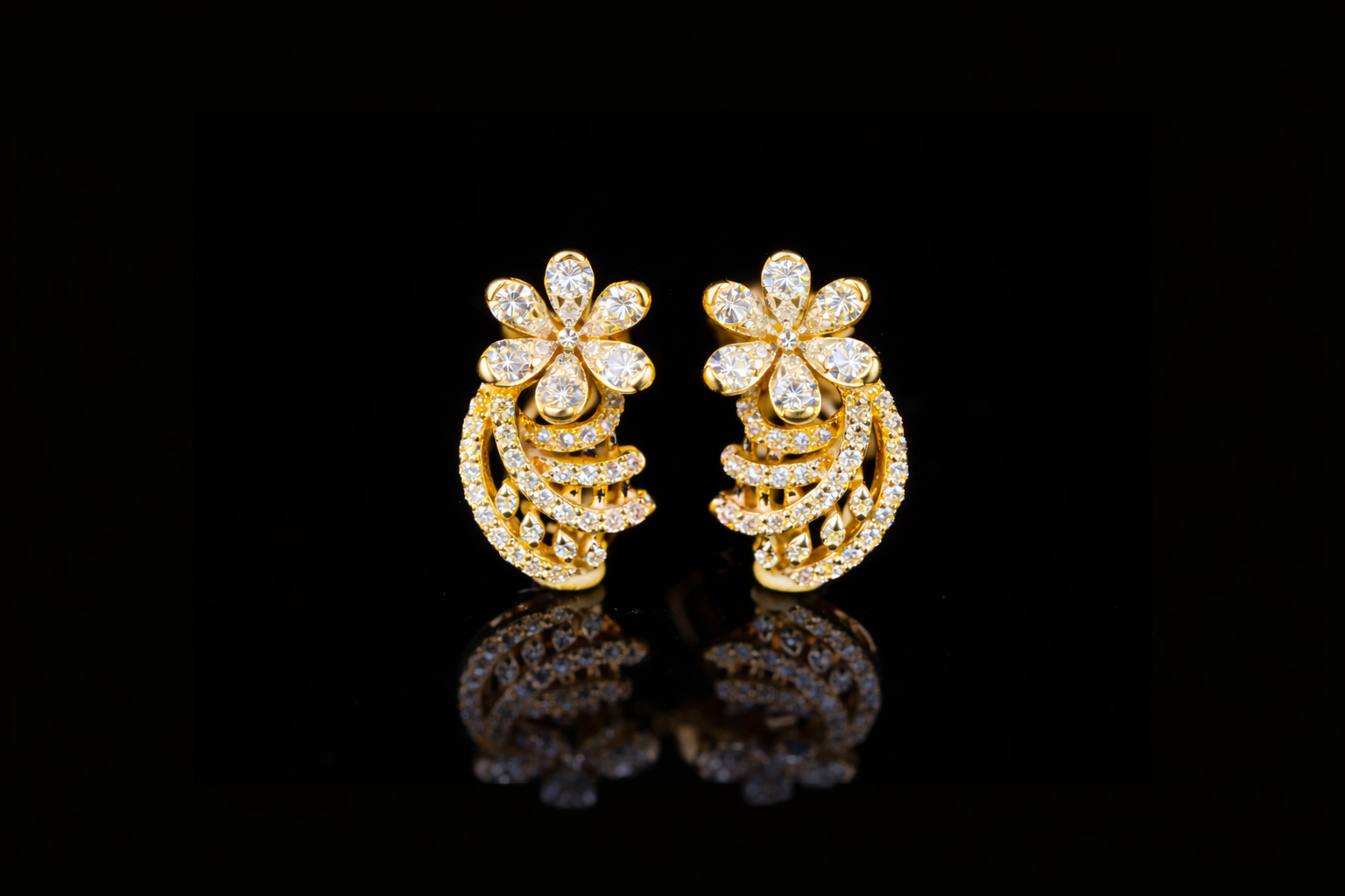 Luxury Diamond Floral Swirl Earrings | 18K, 14K, 10K Gold & Silver