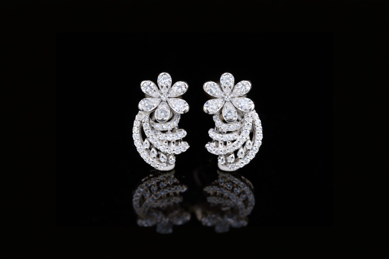Luxury Diamond Floral Swirl Earrings | 18K, 14K, 10K Gold & Silver