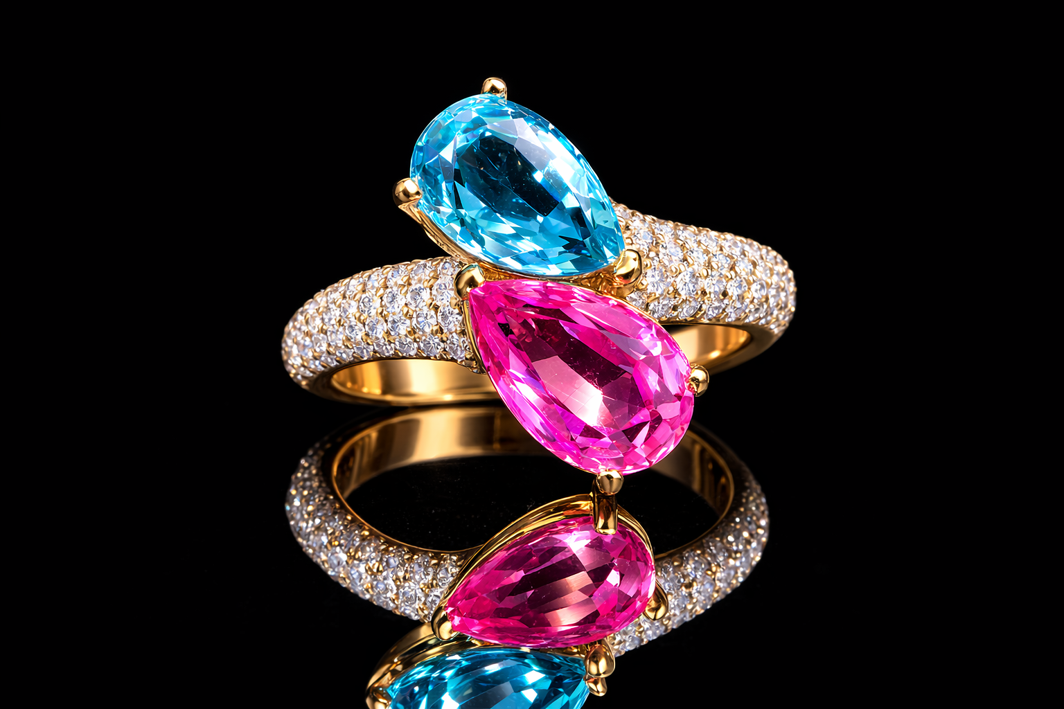 Pear Cut Dual Gemstone Diamond Ring | Available in 18KT, 14KT, 10KT Gold & Silver