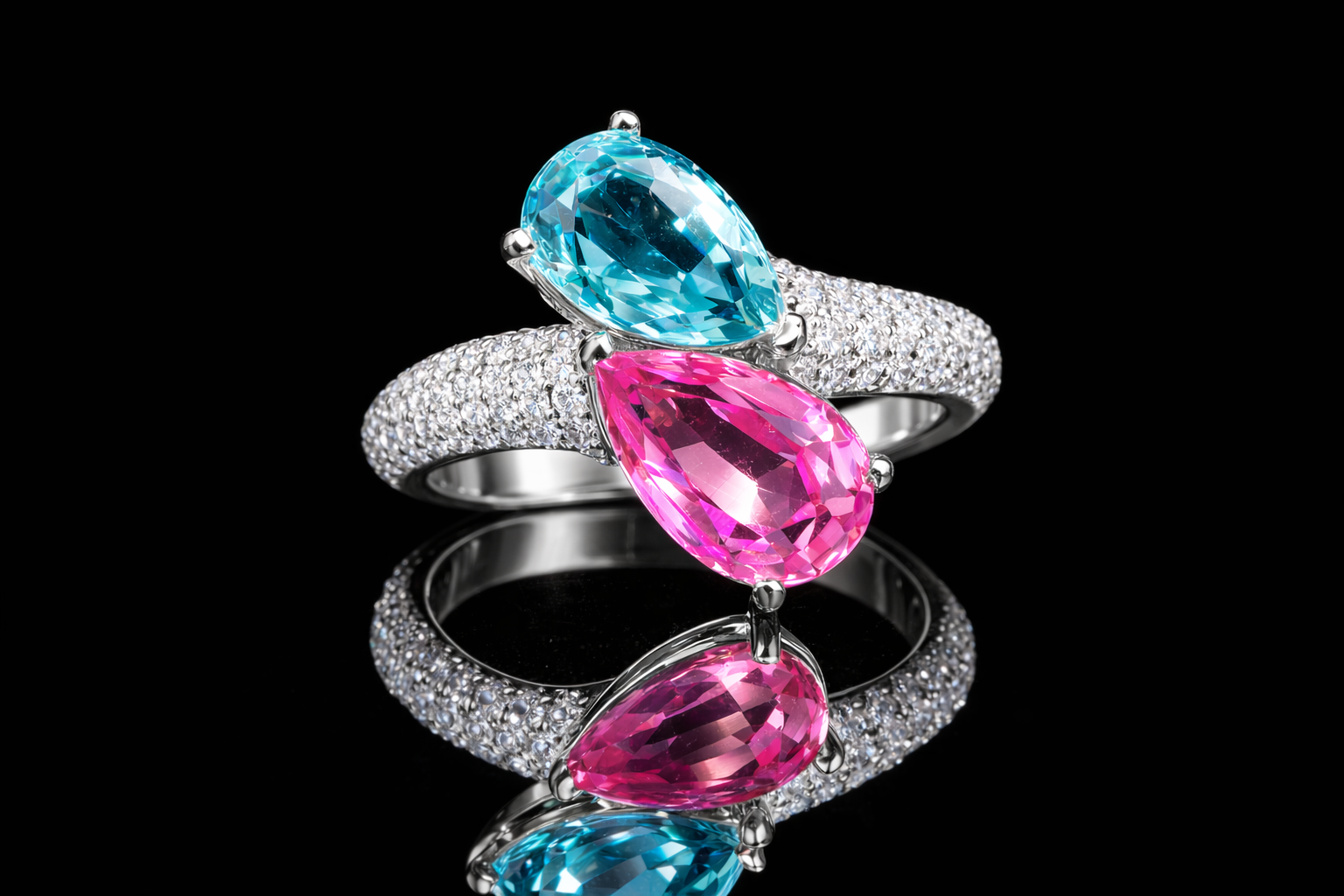 Pear Cut Dual Gemstone Diamond Ring | Available in 18KT, 14KT, 10KT Gold & Silver