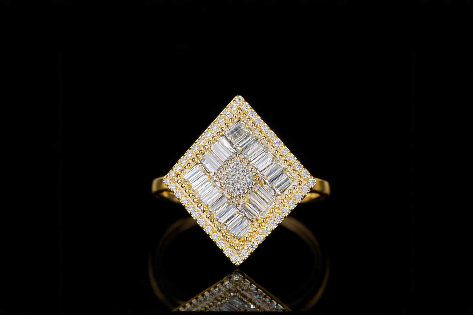 Luxury Baguette Diamond Square Ring | Iced-Out Gold & Silver Statement Ring (18KT, 14KT, 10KT Available)