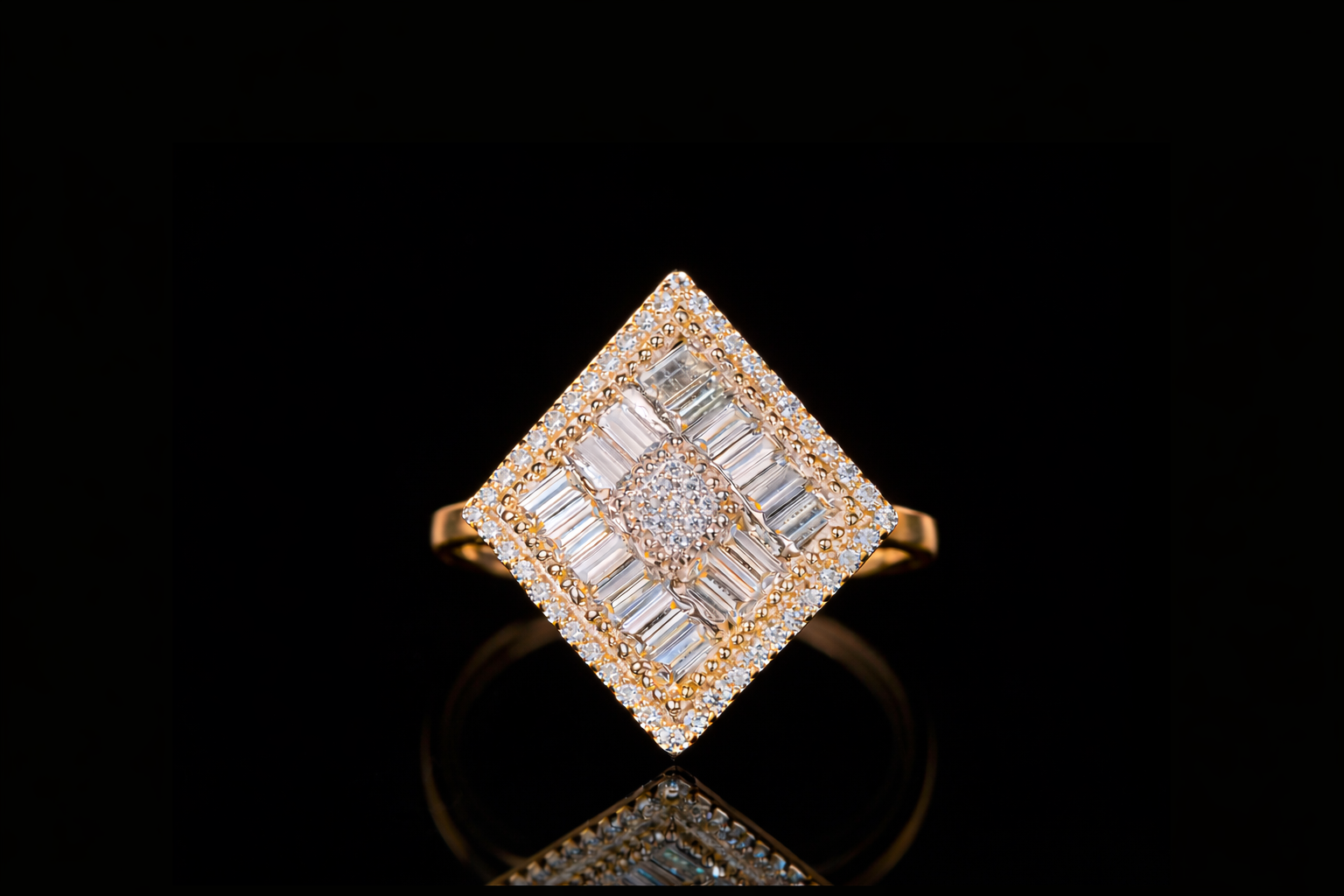 Luxury Baguette Diamond Square Ring | Iced-Out Gold & Silver Statement Ring (18KT, 14KT, 10KT Available)