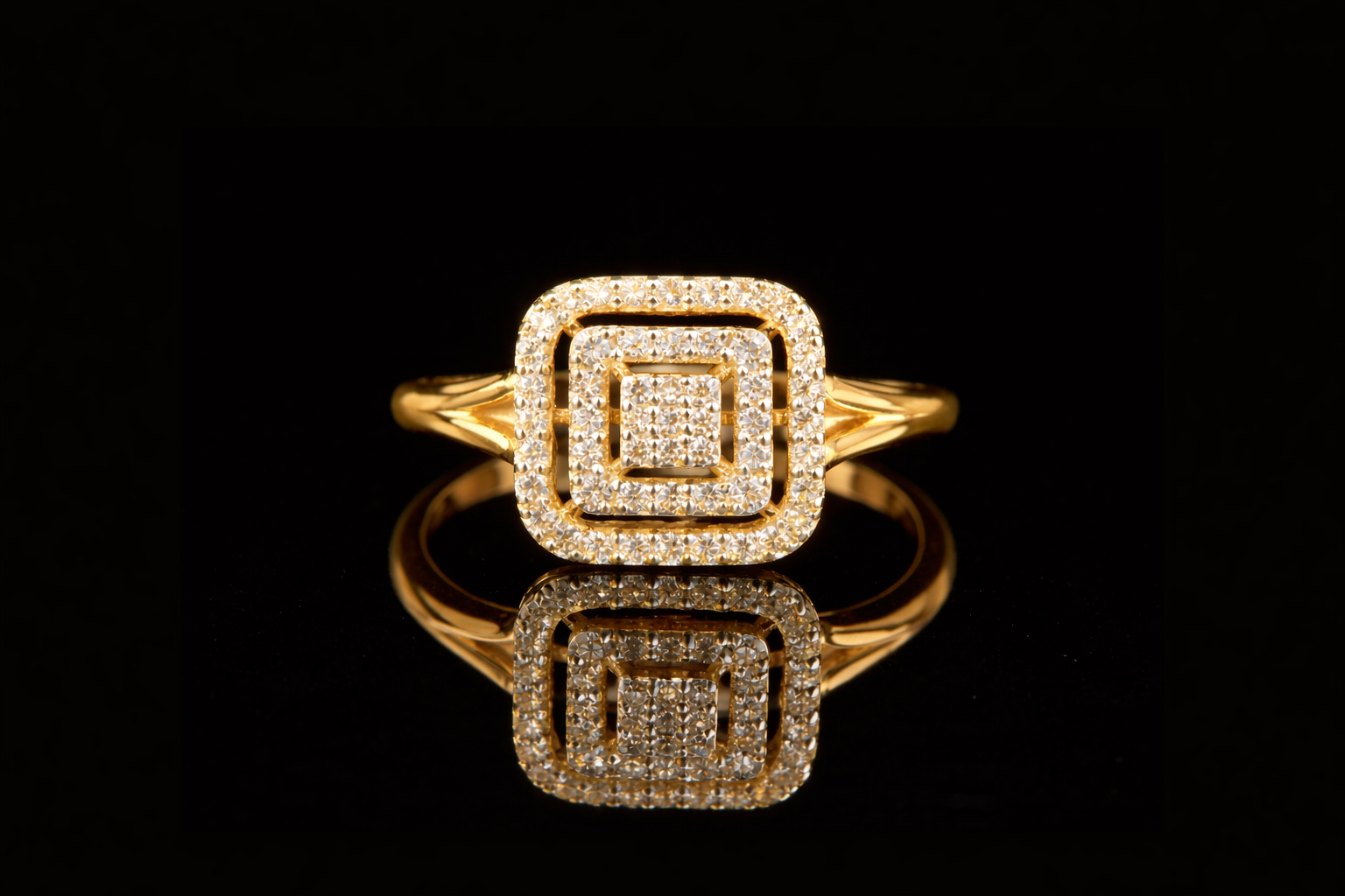 Square Halo Diamond Engagement Ring | Layered Pavé Cluster Ring in 18KT, 14KT, 10KT Gold & Silver