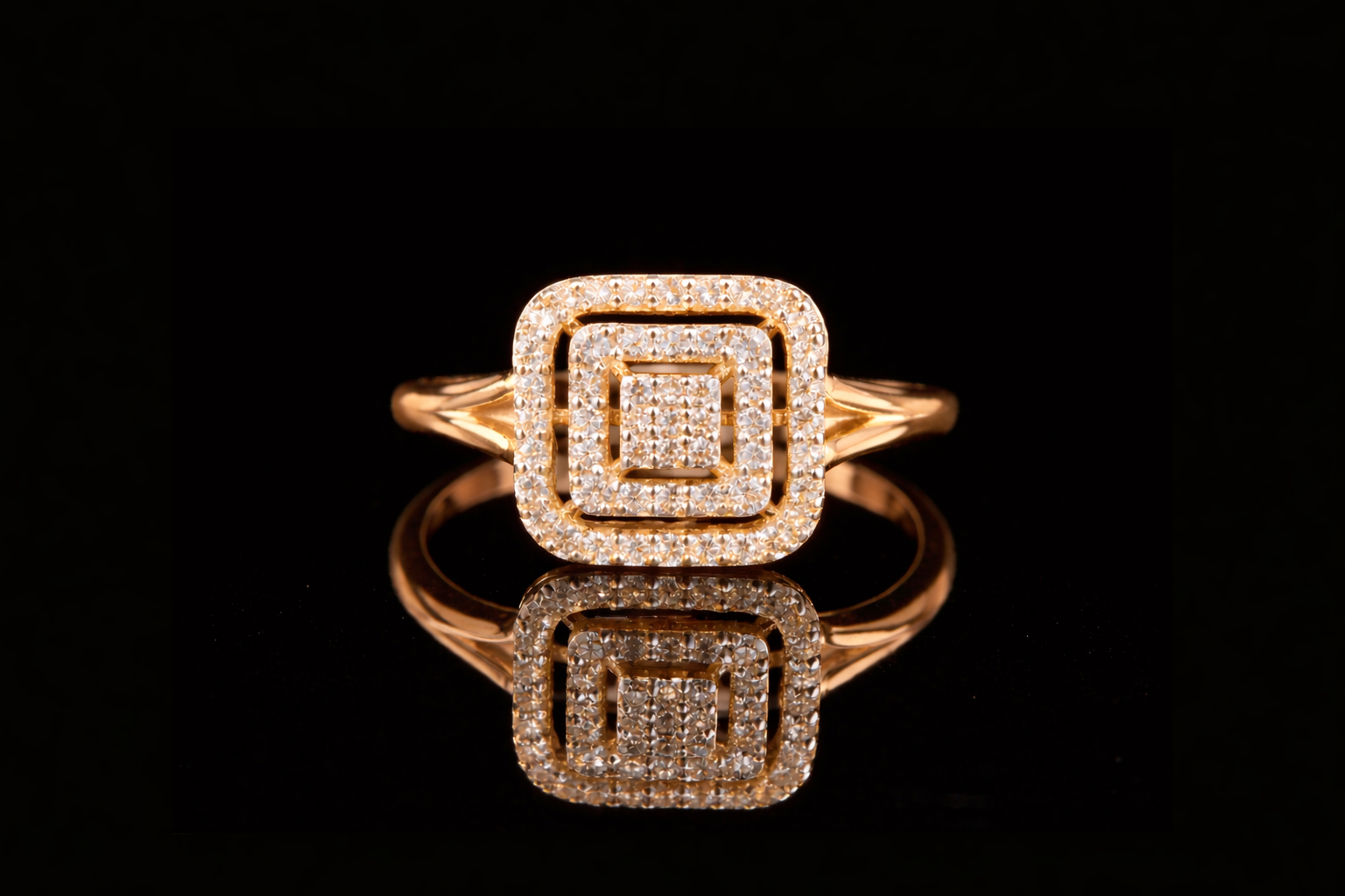 Square Halo Diamond Engagement Ring | Layered Pavé Cluster Ring in 18KT, 14KT, 10KT Gold & Silver