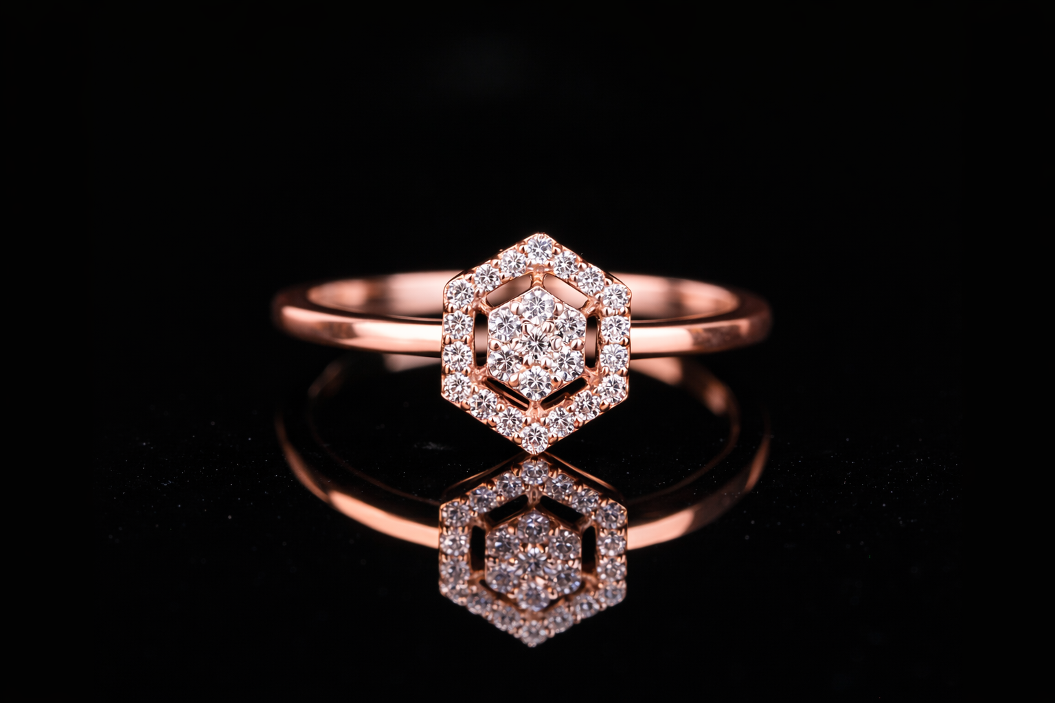 Hexagon Halo Diamond Ring | Modern Cluster Ring in 18KT, 14KT, 10KT Gold & Silver