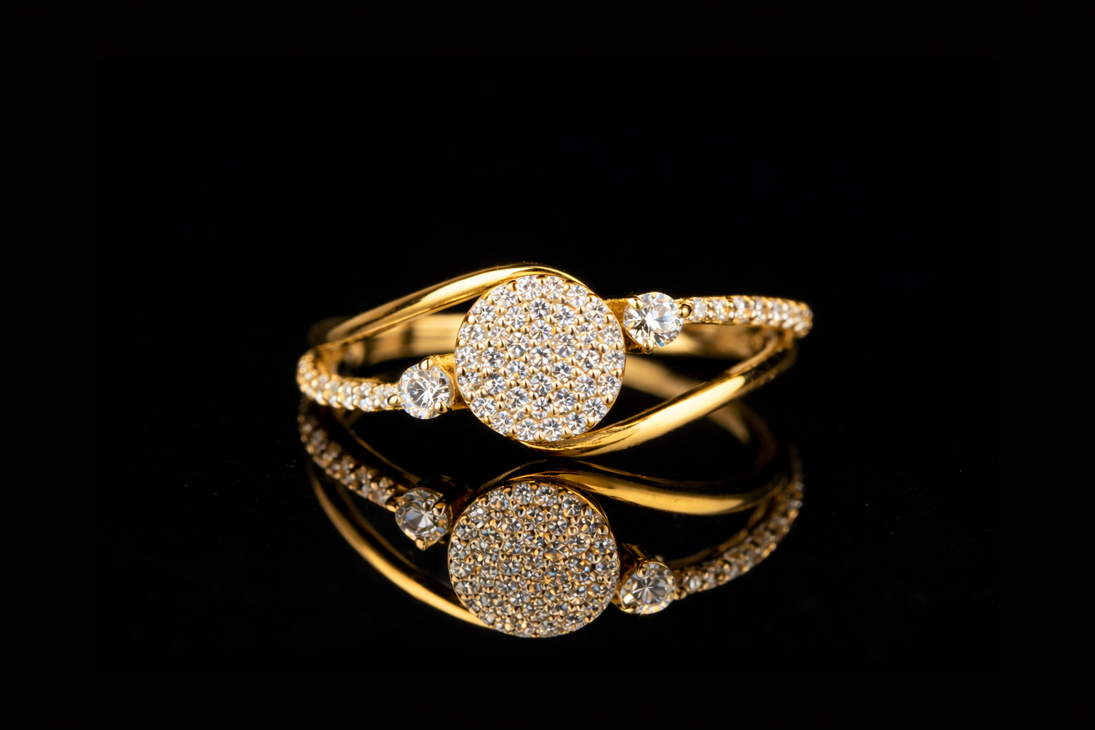 Round Pavé Diamond Ring with Side Stones | 18KT, 14KT, 10KT Gold & Silver
