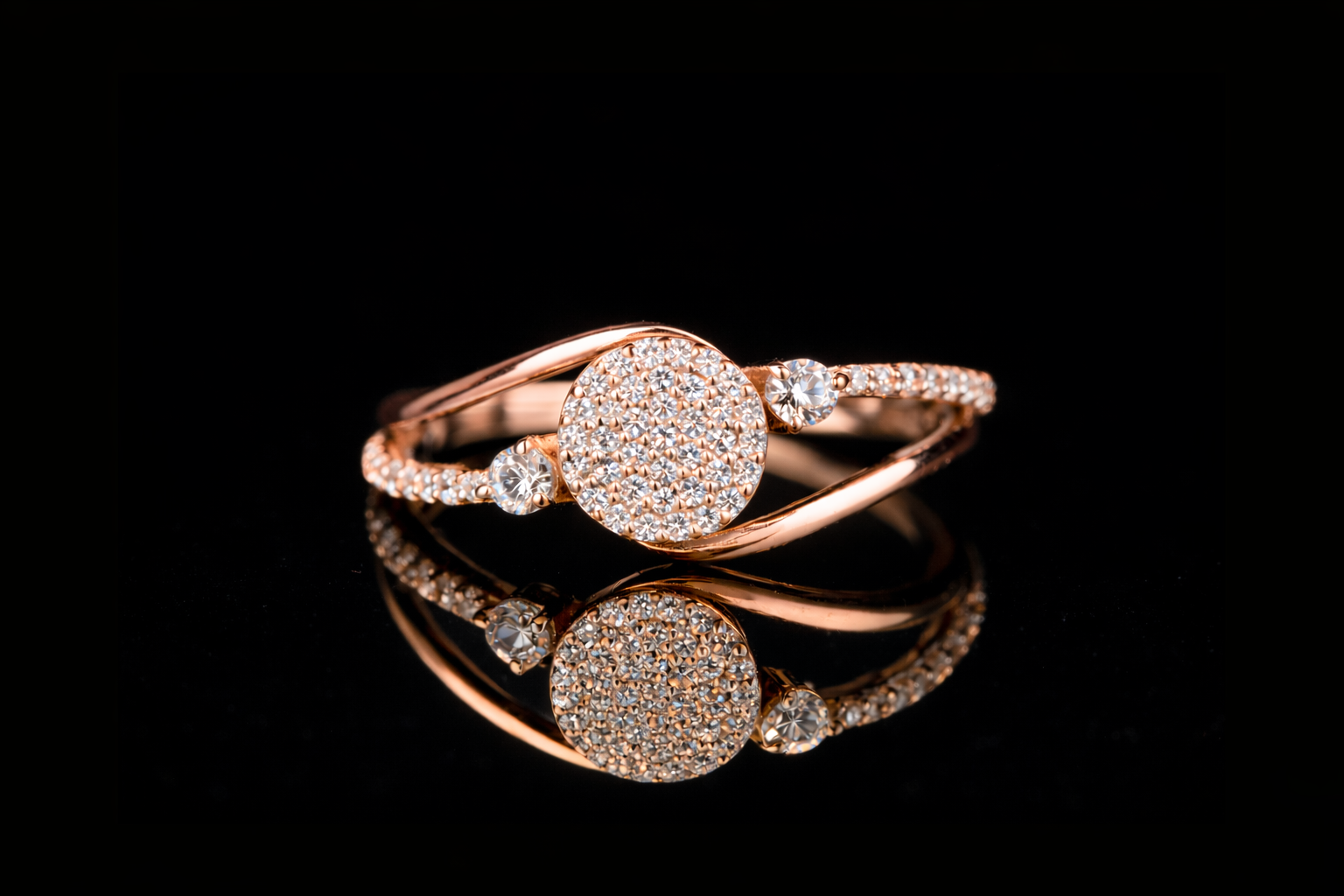 Round Pavé Diamond Ring with Side Stones | 18KT, 14KT, 10KT Gold & Silver