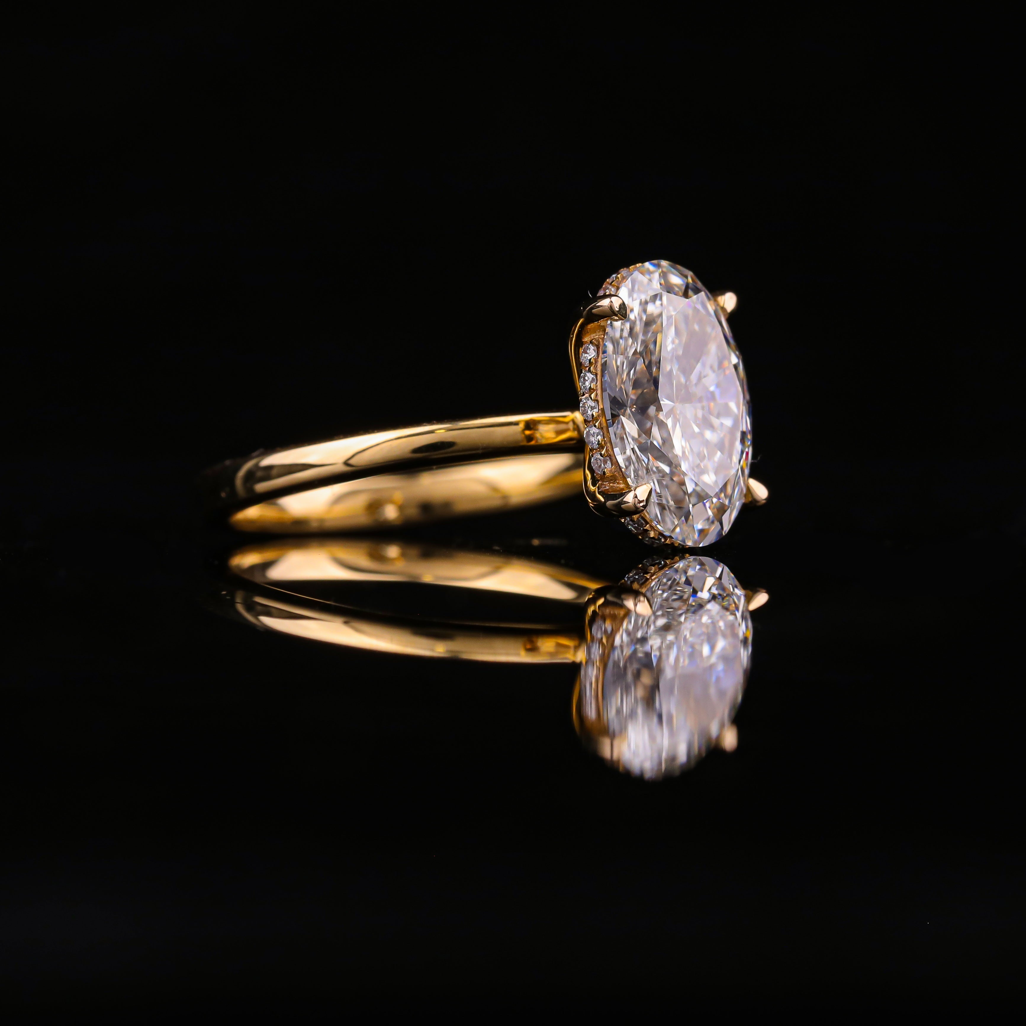 Oval Cut Hidden Halo Moissanite Engagement Ring – Yellow Gold Solitaire Ring with Hidden Diamond Halo | 925 Silver, 10K, 14K & 18K Gold