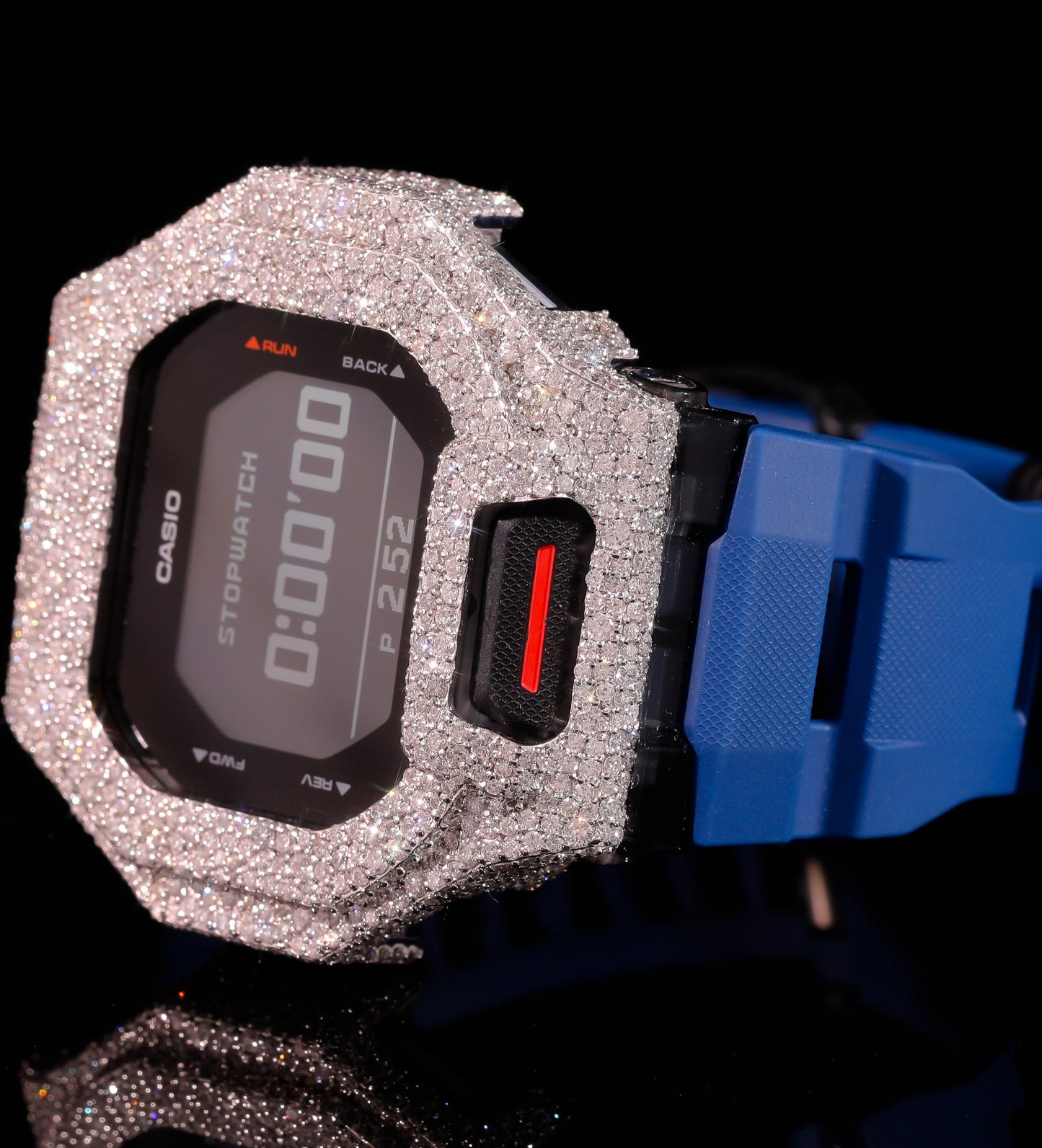 Blue Strap Iced Out G-Shock Watch with VVS Moissanite Diamonds