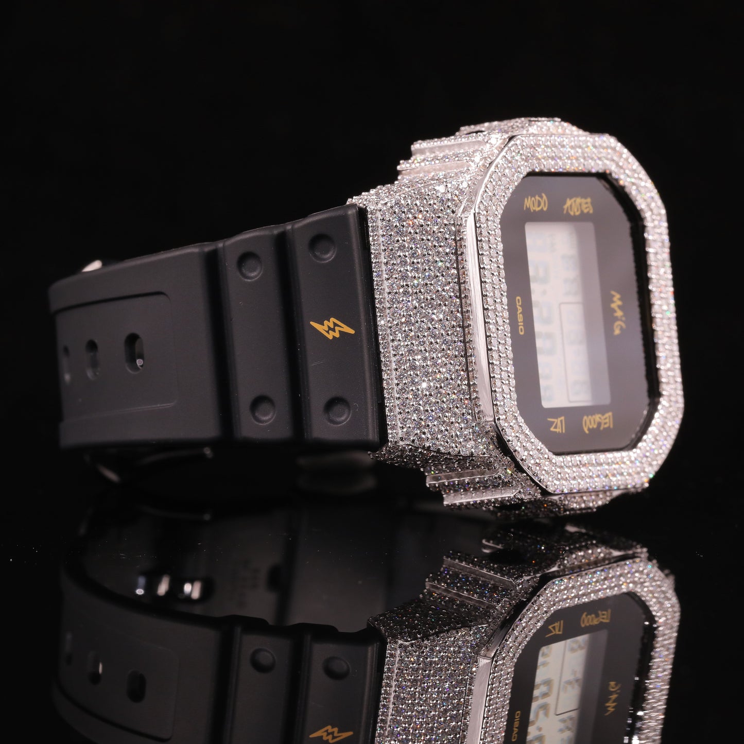Black Strap Iced Out G-Shock Watch with VVS Moissanite Diamonds