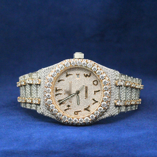 Diamond Royal Watch in 925 silver, featuring a fully iced-out Moissanite diamond bezel and a luxury dial, designed for high-end hip-hop watch enthusiasts.