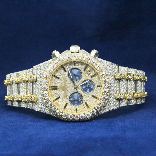 Gold-Tone Iced Chronograph Watch featuring a fully iced-out Moissanite diamond bezel with a luxury chronograph dial, designed for high-end hip-hop jewelry lovers.
