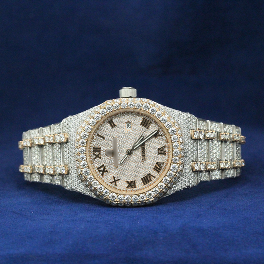 Timeless Watch in 925 silver, featuring a fully iced-out Moissanite diamond bezel and sleek luxury dial, crafted for high-end hip-hop watch collectors