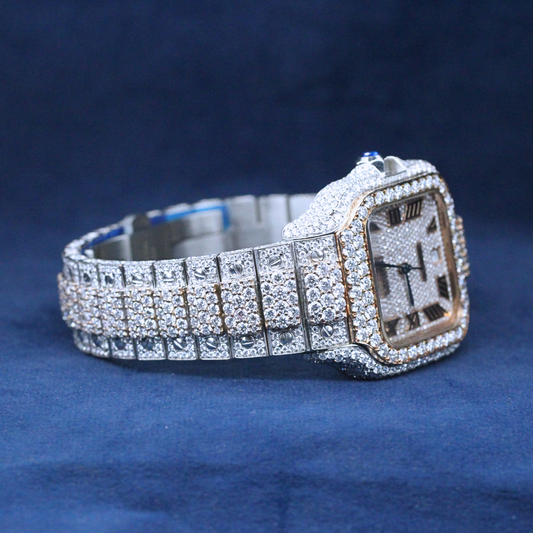 A left-side view of a custom iced-out hip-hop watch with a bold square face, showcasing Moissanite diamonds covering the case and band.