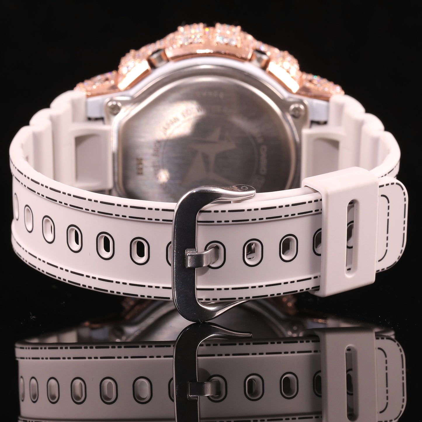 Rose Gold Iced Out G-Shock Watch with White Strap
