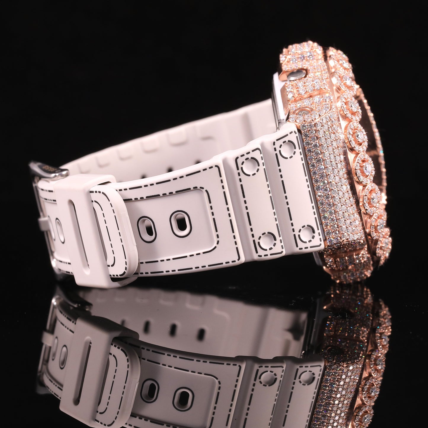 Rose Gold Iced Out G-Shock Watch with White Strap