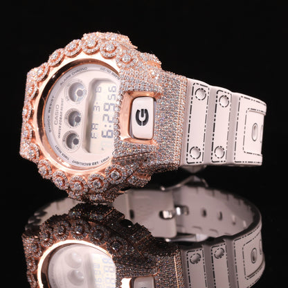 Rose Gold Iced Out G-Shock Watch with White Strap