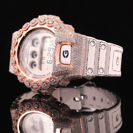 Rose Gold Iced Out G-Shock Watch with White Strap