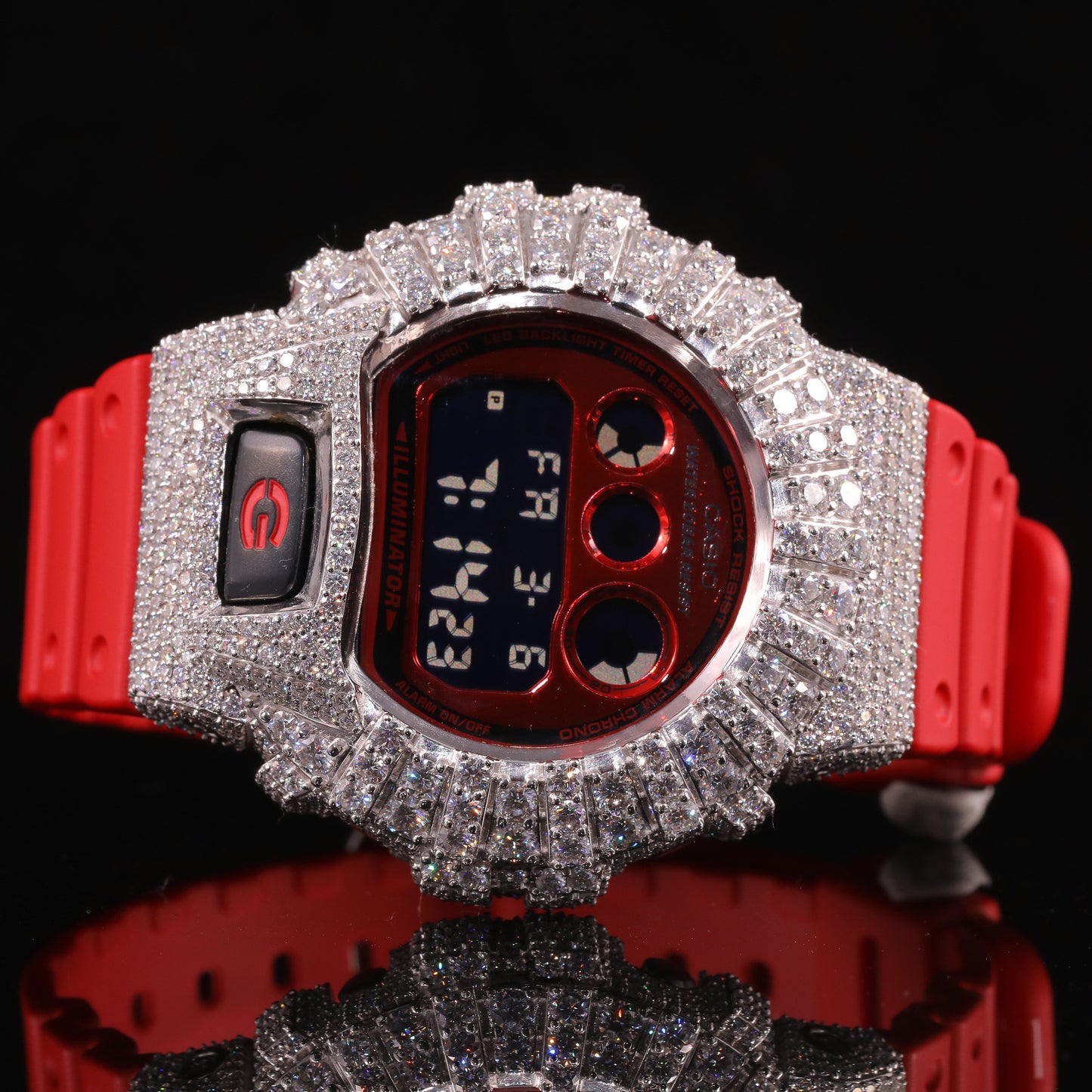 Red Face Bustdown G-Shock Watch with VVS Moissanite Bezel