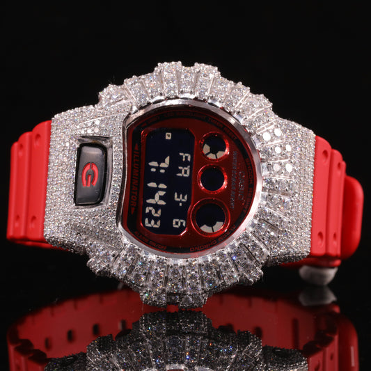 Red Face Bustdown G-Shock Watch with VVS Moissanite Bezel