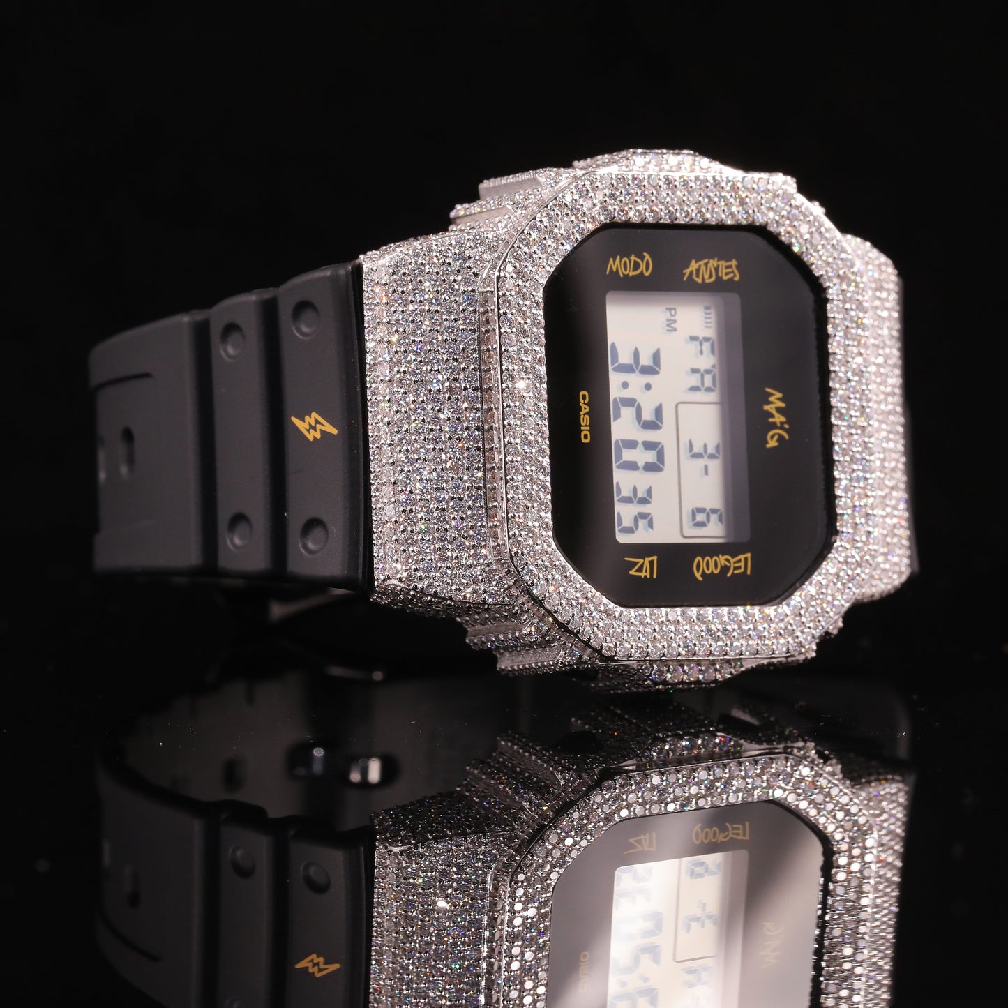 Black Strap Iced Out G-Shock Watch with VVS Moissanite Diamonds