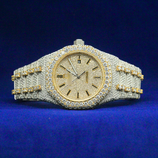 Front view of Diamond-Flooded Royal Oak watch fully encrusted with moissanite diamonds in a luxury hip hop style.