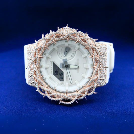 Front view of Diamond Thorn Royal Timepiece showcasing a regal moissanite diamond-encrusted dial with a thorn-like design.