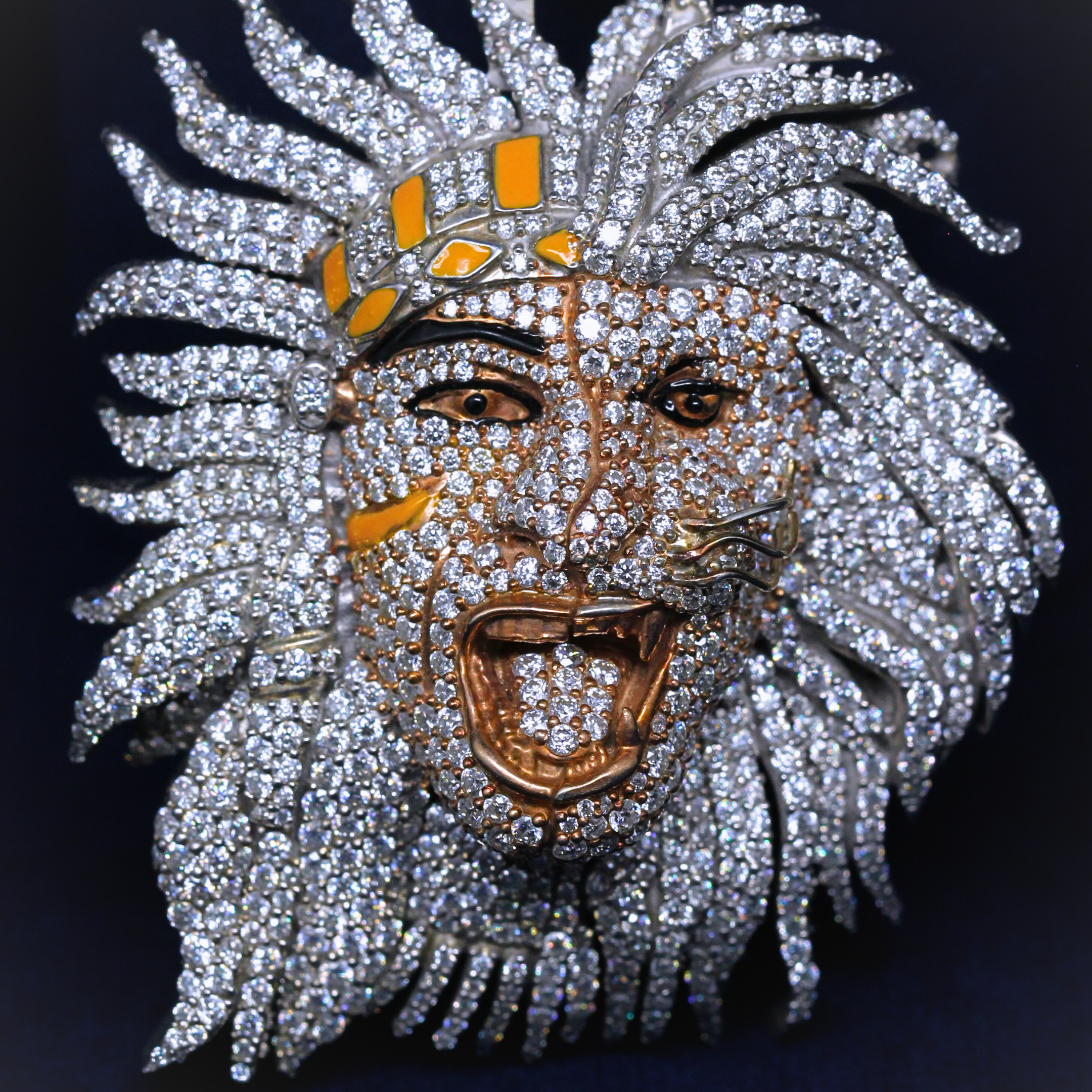 Front view of Exclusive Face Work Pendant crafted in 925 silver with moissanite diamonds, reflecting fine craftsmanship and bold hip hop jewelry style.

