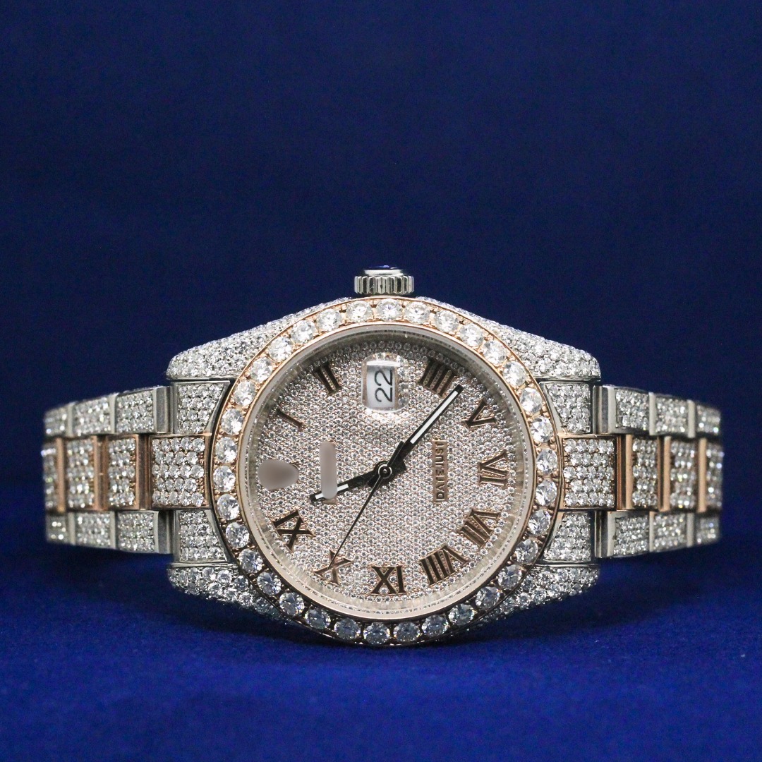 Front view of Frosted Rose Monarch watch featuring moissanite diamonds and a rose gold finish with a fully iced-out design.