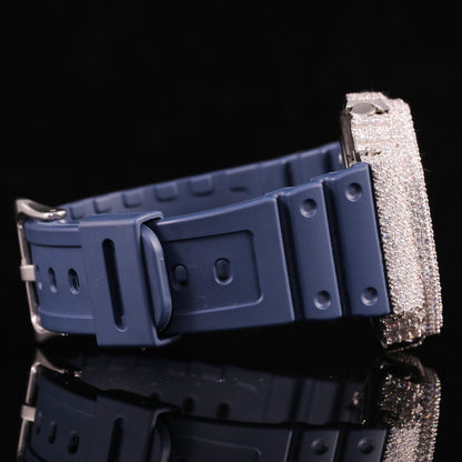 Black Dial Iced Out G-Shock Watch with Blue Strap