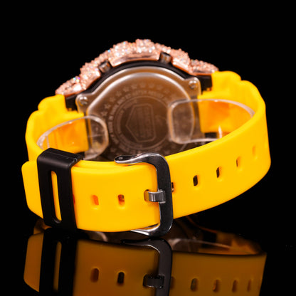 Yellow Strap Rose Gold Iced Out G-Shock Watch with VVS Moissanite Diamonds