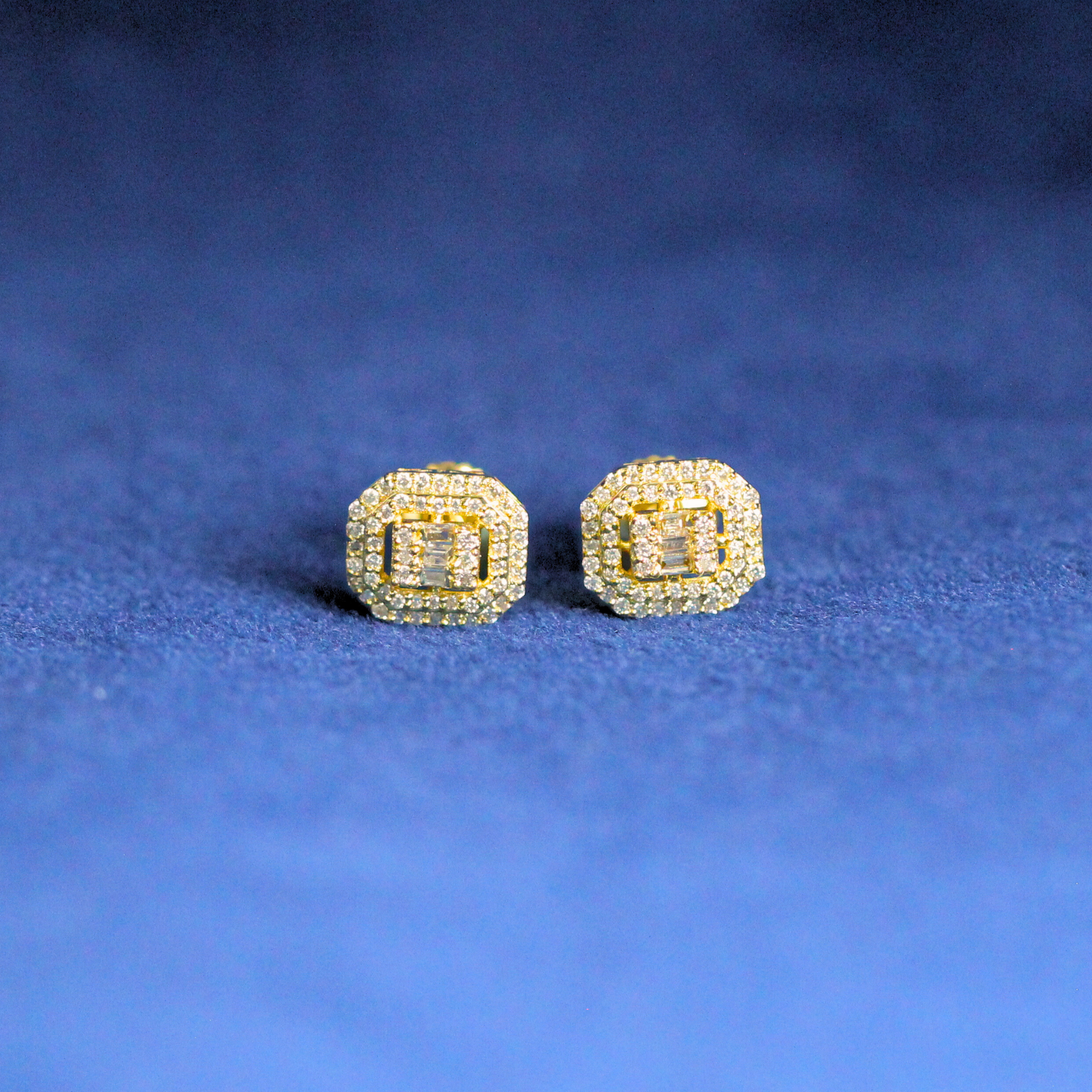 Bold baguette luxe studs earrings in 925 silver, encrusted with Moissanite diamonds for a premium hip-hop jewelry look.