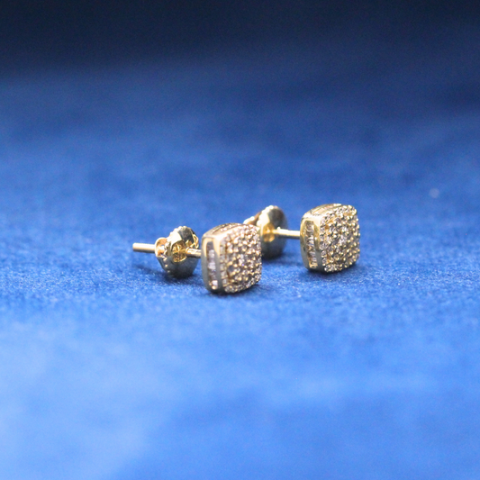 Left-side view of Golden Frost Studs earrings in 925 silver, showcasing a flawless iced-out design with Moissanite diamonds for hip-hop fashion lovers.