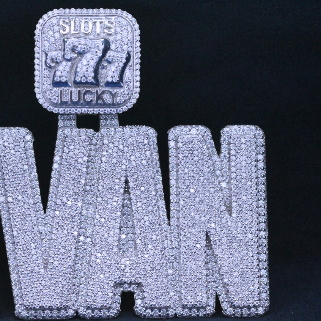 Close-up zoomed view of Royal Riches Evan Pendant in 925 silver, showcasing the intricate Moissanite diamond details and luxurious iced-out look.