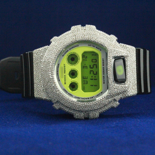 Front view of ICY Digital Chrono watch featuring moissanite diamonds with a fully iced-out digital display in a custom hip hop jewelry style.