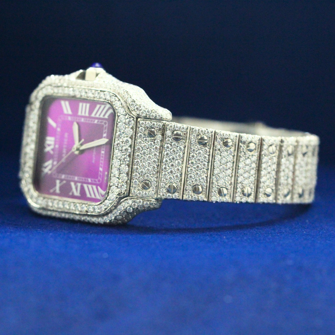 Left profile view of Ice Out Purple Majesty pendant highlighting purple gemstone luster and high-shine diamonds, perfect for hip hop jewelry collections.