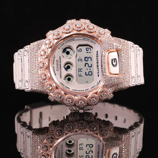 Rose Gold Iced Out G-Shock Watch with White Strap
