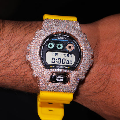 Yellow Strap Rose Gold Iced Out G-Shock Watch with VVS Moissanite Diamonds