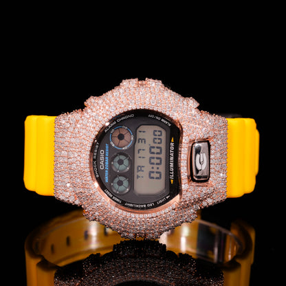 Yellow Strap Rose Gold Iced Out G-Shock Watch with VVS Moissanite Diamonds